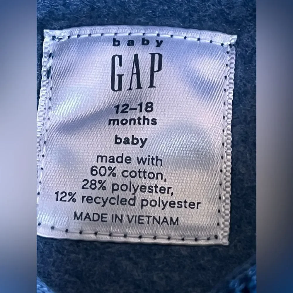 GAP Baby Soft Fleece‎ Blue Hoodie With Ears Front Zip Graphic Logo 12-18M $49
